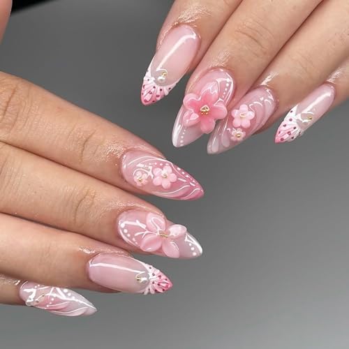 24pcs Pink Flower Press on Nails Medium Almond Fake Nails