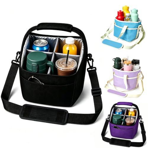 Flaschentasche für 4 Flaschen & Hohe Becher, Getränketräger Tasche mit Herausnehmbaren Trennwänden, mit Fronttasche, Flaschenträger, Kühltasche Flasche, Für Kaffee, Picknick, Hiking (Black)