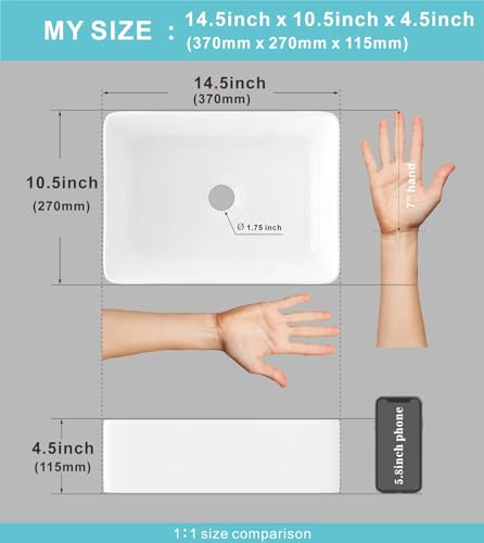 J-Family JFBS99 14.5'' X 10.6'' Bathroom Small Vessel Sink Above Counter White Porcelain Ceramic Sink Bowl Vanity Sink Lavatory Rectangular Wash Hand Basin,Jfbs99 thumb #3