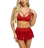 Avidlove Damen Dessous Sexy Reizwäsche Set Unterwäsch Lingerie Negligee 3-TGL Erotische Minirock Spitze BH und G-String,Rot,S