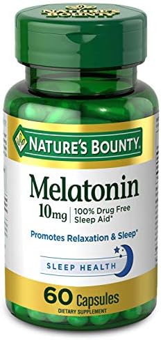 Nature's Bounty Melatonin, 100% Drug Free Sleep Aid, Dietary Supplement, Promotes Relaxation and Sleep Health, 10mg, Green, 60 Count
