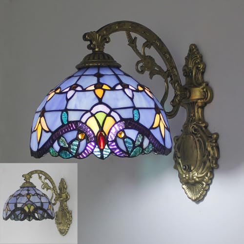 XINYASEE Applique murale en vitrail bleu-violet style Tiffany, motif floral vintage, élégante, idéale pour les salons, couloirs et entrées (B)