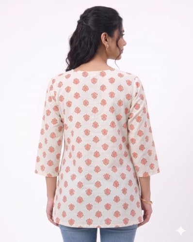 Image of White Block Print Short Kurti | Pure Cotton Kurti for Girls (Color May Vary According to Stock)