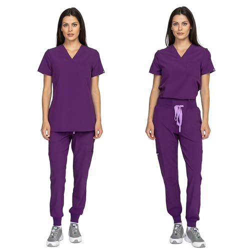 B-well NAOMI Damen-Schrubb-Set Schlupfkasack + Schlupfhose Set Medizin Arzt Uniform Schlupfjacke Oberteil mit Hose Medizinische Berufsbekleidung mit Elastan (Aubergine, M) – Bild 5