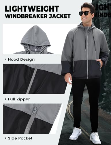 Yimoon Windbreaker Jackets for Men Lightweight Hooded Outdoor Jacket Oversized Zip Up Patchcolor Raincoat Jacket3