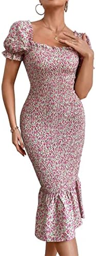 PRETTYGARDEN Women's Summer Floral Midi Bodycon Dresses Short Puff Sleeve Square Neck Ruffle Hem Mermaid Cocktail Dress (Pink,Medium)