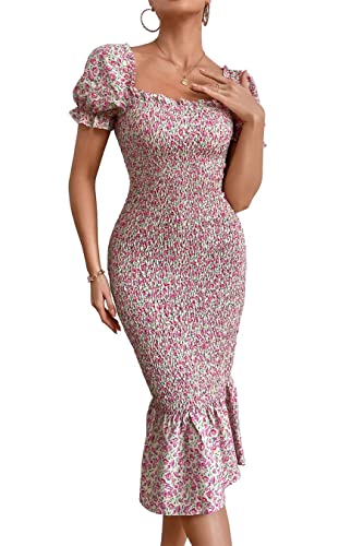 Prettygarden Women's Summer Floral Midi Bodycon Dresses Short Puff Sleeve Square Neck Ruffle Hem Mermaid Cocktail Dress (Pink,Medium) #TOP14