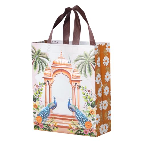 Image of Lavya Medium Size Return Gift Bags | Reusable Non-Woven Metallic Laminated Matt Finish Carry Bags for Weddings, Traditional Gifting, Shagun, Jewellery, Sweets & Dry Fruit Boxes (Peacock Mahal, M-10x12x4, Pack of 50)