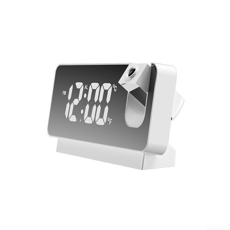 LumoCheefy Reloj despertador digital de proyección con temperatura, alimentado por USB, pantalla de tiempo de techo giratoria de 180°, función de repetición, color negro/blanco para escritorio de