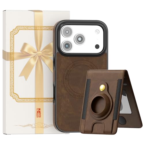 POWEROWL For iPhone 17 Pro Wallet Case Card Holder, RFID Blocking, Shockproof, Compatible with Magsafe 2 in 1 Detachable Phone Cover with Air Tag Holder for Women Men, Brown