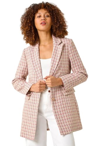 Image of Roman Boucle Blazer for Women UK Ladies Frayed Edge Tailored Longline Rever Collar Jacket Lapel Stretch Smart Office Work Party Night Going Out Lined Classic - Pink Ivory - Size 12
