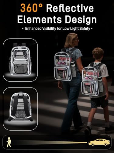 Clear Backpack Heavy Duty for Women Men Boys Girls, Transparent See Through Backpack, Large TPU Bookbag with 360° Reflective Strips for Sport College Work Travel Security, Black2