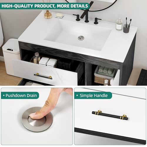 DWVO 36 Inch Floating Bathroom Vanity with Sink, Wall Mounted Bathroom Vanity with Marble Pattern, 2 Drawers & 1 Soft-Close System Cabinet, Pre-drilled Three Holes
