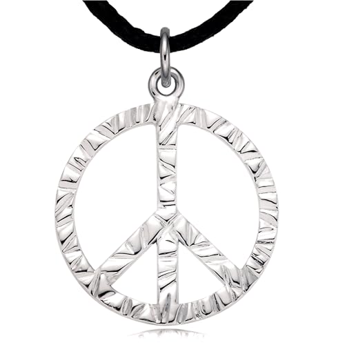 Colgante de plata de ley 925 con símbolo de la paz y baño de platino. Joyería artesanal que representa la armonía, la libertad espiritual y la paz interior. Joyas para idealistas (plata platino, paz)