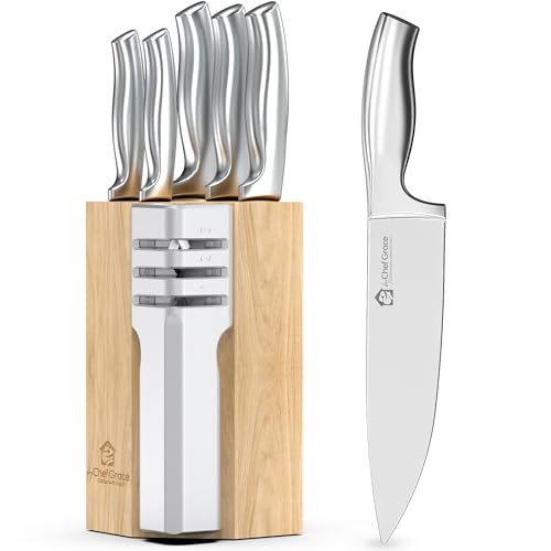 Premium 2-in-1 5-Piece Kitchen Knife Set with 3-Stage Sharpener – Includes Chef, Bread, Carving, Utility & Paring Knives + Counter-top Sharpener & Wooden Block