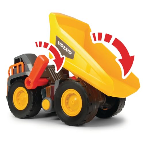 Dickie Toys Volvo Spielzeug Kipplaster mit Gewichtserkennung, Weight Lift Truck, LKW Kipper, erkennt 3 verschiedene Gewichtsstufen, bewegliche Ladefläche, Licht & Sound, inkl. Batterien, 30 cm, Gelb/Grau
