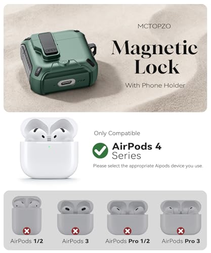 Image of for AirPods 4 Case with Lock (Light Green) | Compatible with MagSafe,with Phone Stand,with Automatic Snap Switch Carbon Fiber Design Protection Cover with Cleaning Pen