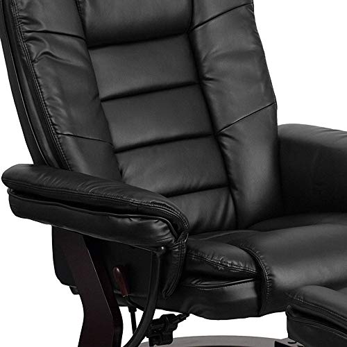Flash Furniture Contemporary Multi-Position Recliner With Horizontal Stitching And Ottoman With Swivel Mahogany Wood Base In Black Leathersoft #TOP4