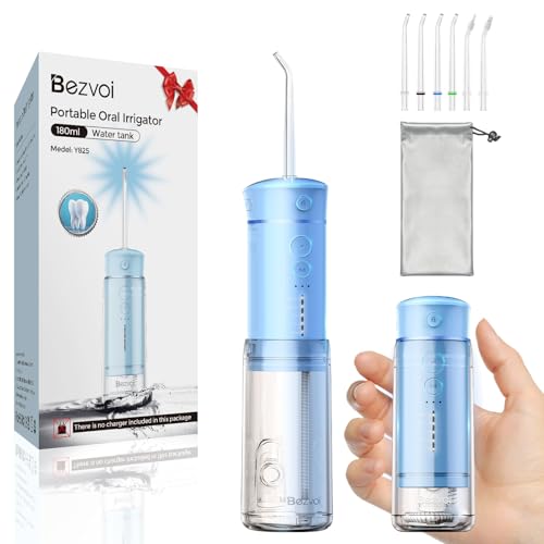 Bezvoi Mini Hydropulseur sans fil portable, irrigateur oral à 5 modes avec réservoir d'eau télescopique, 6 embouts à jet, hydropulseur rechargeable étanche IPX7 pour la maison et les déplacements