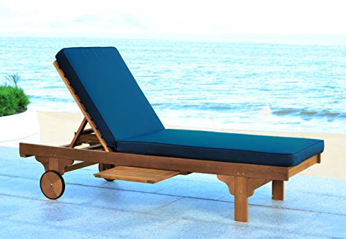Safavieh Outdoor Collection Newport Natural/ Navy Cushion Built-In Side Table Adjustable Chaise Lounge Chair #TOP2