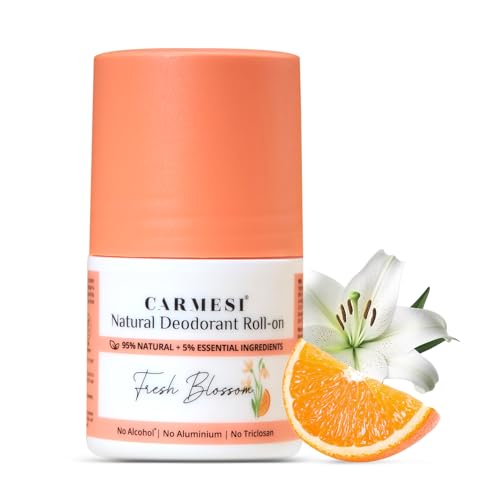 Carmesi Natural Underarm Roll On Deodorant for Women | 95% Natural | Prevents Body Odour | No Alcohol & Aluminium | Fresh Blossom – Floral & Citrus Fragrance | 0.3% (w/w) Salicylic Acid | 50 ml