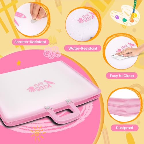 Image of 11x17 Kids Art Portfolio - Accordian File Organizer with 13 Pockets, Art Portfolio for Kids with Handle and Zipper Closure - Oxford Cloth, Frosted Translucent Artwork Folder for Children - Pink