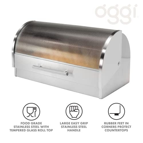 Oggi-Stainless-Steel-Roll-Top-Bread-Box-for-Kitchen-Countertop-with-Tempered-Glass-Lid-Fits-Multiple-Large-Loaves-of-Bread-and-Other-Freshly-Baked-Goods-Including-Cookies-Bagels-Muffins