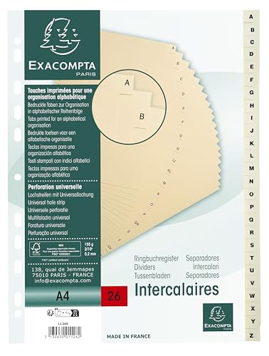 Exacompta 1126E 5er Pack Karton-Register A-Z für DIN A4 aus Karton 26-teilig volle Höhe 21 x 29,7 cm elfenbein mit bedruckten Taben Universallochung Trennblätter Trennstreifen Ordner-Register