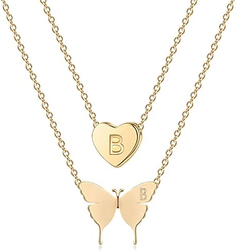 Minegreet Gold Initial Layered Necklace 18K Gold Plated Butterfly and Heart Pendant Name Necklaces Delicate Everyday Necklace for Women Minimalist Personalized Jewelry