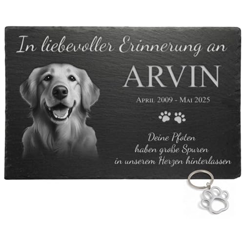 eGenuss Personalisierter Hund Gedenkstein aus Schiefer &ndash; Grabtafel f&uuml;r drau&szlig;en wetterfest mit Foto & Wunschtext Laser Gravur 30x15/30x20/40x30 cm inkl. Pfoten-Schl&uuml;sselanh&auml;nger