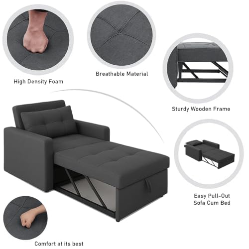 Image of CASASTYLE Trissa 1 Seater Pull-Out Premium Fabric Sofa Cum Bed Sofa Set for Living Room (Dark Grey -Fabric)