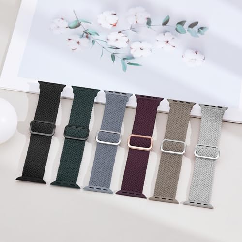 Image of 6 Pack Braided Stretchy Bands Compatible with Apple Watch Band 38mm 40mm 41mm 42mm 44mm 45mm 46mm 49mm Women Men, Adjustable Nylon Solo Loop Elastic Straps for iWatch Series 11 10 9 8 7 6 5 4 SE Ultra