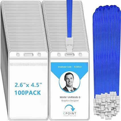 xinfedi Porta Tarjetas Identificativas con Correa de Cuello, 100 Cordones para Cuello con Tarjetero Colgante Verticale, Funda Tarjeta Trasparente Impermeabile per Oficina, Negocios, Escuela