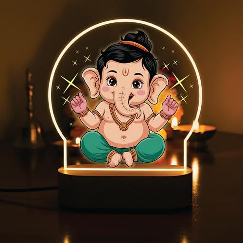 Image of Giftplease Cute Baby Ganesha Printed LED Night Light - Bal Ganpati Lamp with Warm Glow - Divine Kids Room Decor, Birthday Gift, & Office Good Luck Charm GL 05