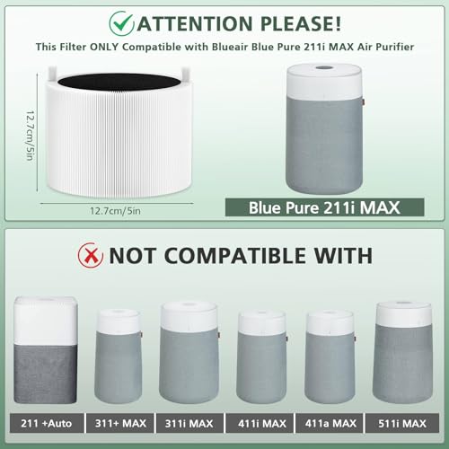 1 Pack 211i Max Replacement Fil-ter Compatible with BLUEAIR Blue Pure 211i Max Air Pur-ifier, Ture HEPA & Activated Carbon Replacement Fi-lter