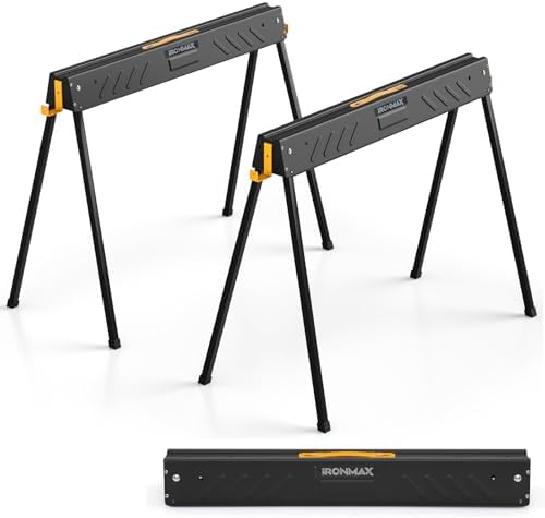 IRONMAX Saw Horses 2 Pack Folding, Heavy Duty Metal Workhorse with 2x4 Brackets, 2200 LBS Capacity Portable Work Bench, Collapsible Sawhorse Supports for Woodworking Jobsite Contractors