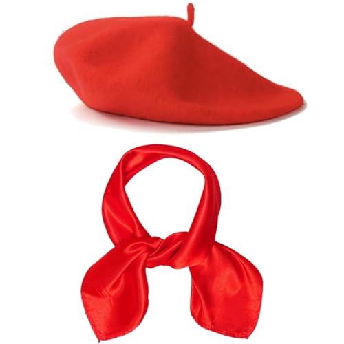 SAISISAIKER Classic French Beret and Silk Scarf Set, Red, Fashion