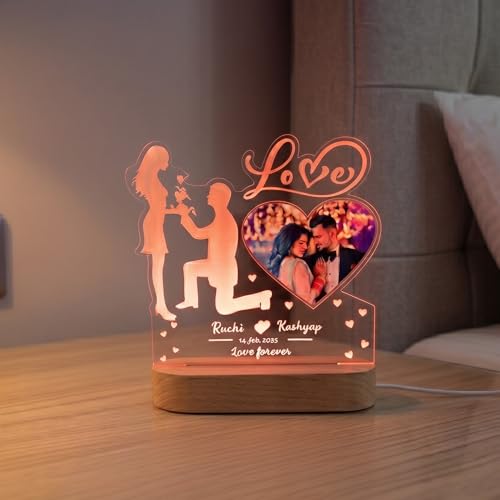 Image of Personalized Couple LED Acrylic Lamp - Custom Photo Frame Night Light, Romantic Proposal Design Gift for Anniversary, Wedding, Valentine's Day