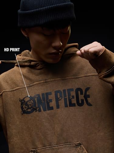 Image of The Souled Store One Piece: Pirates Men and Boys Long Sleeves Hooded Neck Brown Graphic Printed Cotton Blend Oversized Hoodies