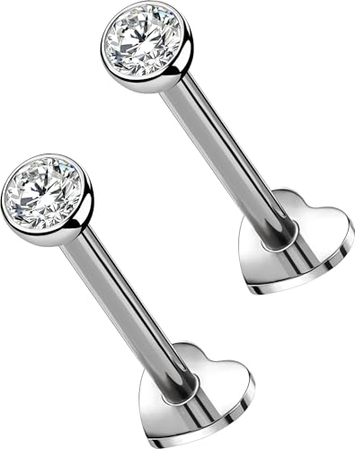 OUFER 2Pcs Conch Piercing, 16G G23 Solid Titanium Push in Stud Earrings Flat Back Heart Shaped Tiny CZ 3MM Silver Helix Cartilage Conch Lobe Earrings for Women Men-10MM