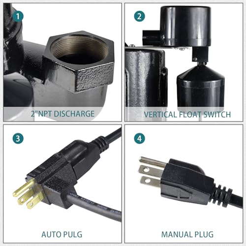 Image of WASSERMANN 3 /4 HP Sewage Pump 2 inch Discharge with Auto Float Switch, 115V 7200 GPH Cast Iron Submersible Sewage Pump, Sump Pump for Basement Sump Basin Sewer Well 2 inch NPT Discharge with 10 FT Cable