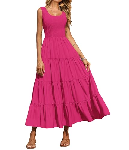 PRETTYGARDEN Damen 2024 Casual Loose Plain Maxi Sommerkleid Gesmoktes Tankkleid Ärmellos Sommer Strand Gestufte Lange Kleider, Rosenrot, Mittel