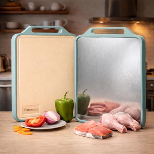 Image of Homeze Double Sided Chopping Board 40x30 cm | Stainless Steel & Wheat Straw Cutting Board | Heavy Duty Non-Slip Kitchen Board | BPA Free, Odour Resistant, Dishwasher Safe