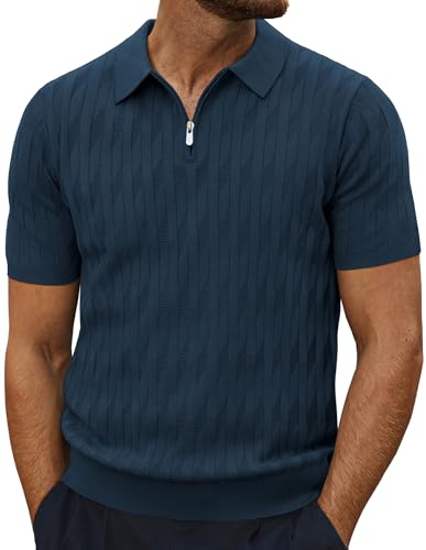 PJ PAUL JONES Mens Polo Shirts Stretch 1/4 Zip Knitted Polo Tshirt Golf Tops XXL Navy Blue