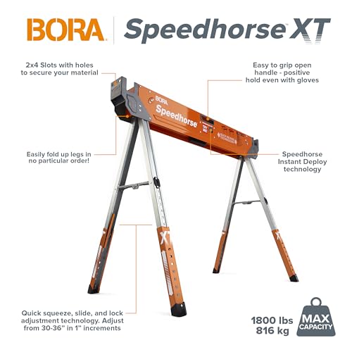 Image of Bora Portamate Speedhorse XT Sawhorse Pair- Two pack, 30-36 inch height adjustable Legs, Metal Top for 2x4, Heavy Duty Pro Bench Saw Horse for Contractors, Carpenters - PM-4550T,Orange