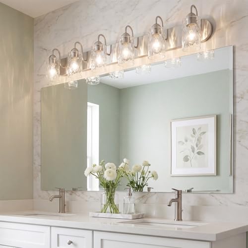 Image of Kira Home Armada II 48 inch 6-Light Modern Over Mirror Vanity /Bathroom Light, Hammered Glass Shades, Traditional Curved Arms, Brushed Nickel Finish, Pack of 2