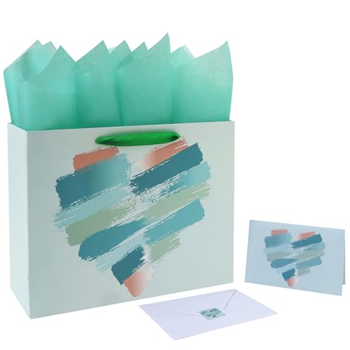wishinside 13 Large Mint Green and Peach Gift Bag Set with Greeting Card and Tissue Papers for Valentines Day Birthday Party Wedding Anniversary Mothers Day Brushstroke Heart Design 1Pcs