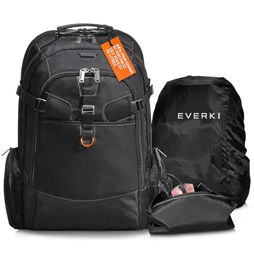 Everki Business 120 sac à dos pour ordinateur avec housse de pluie, 40 L, grand compartiment pour laptops jusqu’à 18,4", poche rembourrée, design durable à multiples poches – Noir (EKP120)