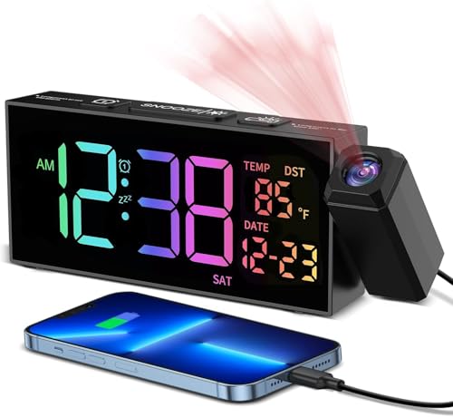 Projection Alarm Clocks Bedside, Loud Alarm Clock with 350° Rotatable Projector, Temperature, Date, 10 Alarmtones, 4 Volumes, 5 Dimmer, USB Charger, Projector Alarm Clock for Bedroom Living Room