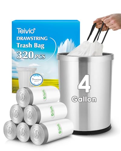 4 Gallon 320 Counts Strong Drawstring Trash Bags Garbage Bags by Teivio, Bathroom Trash Can Bin Liners, Small Plastic Bags for home kitchen office, White